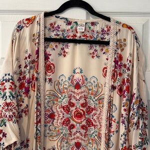 Bila Cream Floral Kimono Cardigan with Pink, Red & Blue Motif
